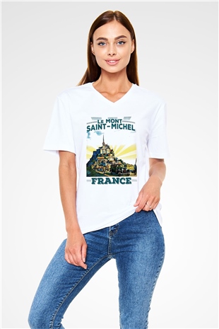 Mont Saint-Michel Beyaz Unisex V Yaka Tişört T-Shirt