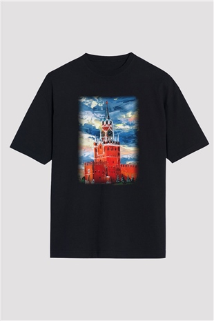 Moskova Kremlini Siyah Unisex Oversize Tişört T-Shirt