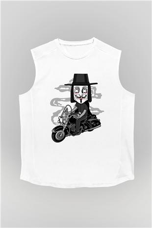Motorcu Vendetta Baskılı Unisex Beyaz Kolsuz Tişört