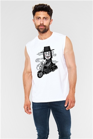Motorcu Vendetta Baskılı Unisex Beyaz Kolsuz Tişört
