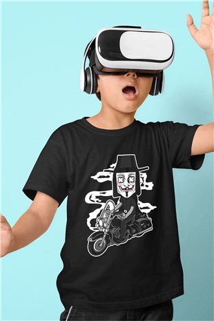 Motorcu Vendetta Baskılı Unisex Siyah Çocuk Tişört