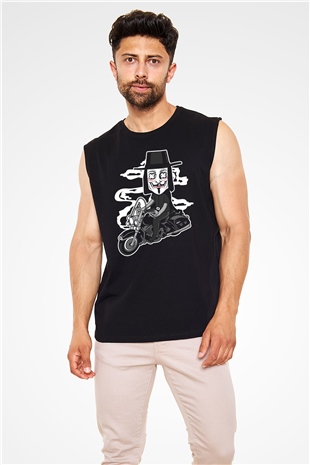 Motorcu Vendetta Baskılı Unisex Siyah Kolsuz Tişört