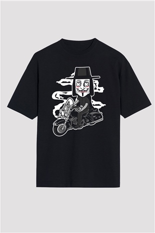 Motorcu Vendetta Baskılı Unisex Siyah Oversize Tişört
