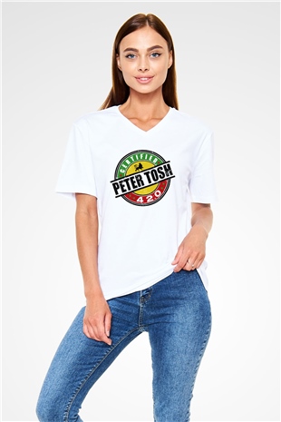 Peter Tosh Beyaz Unisex V Yaka Tişört T-Shirt