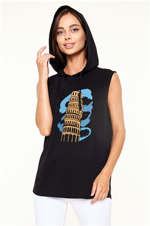 Pisa Kulesi Siyah Unisex Kapüşonlu Kolsuz Tişört