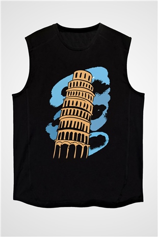 Pisa Kulesi Siyah Unisex Kolsuz Tişört