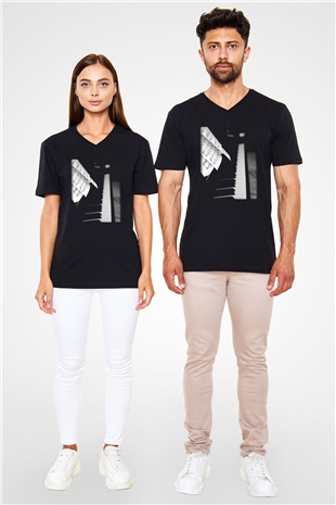 Piyanist Siyah Unisex V Yaka Tişört T-Shirt