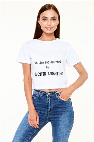 Quentin Tarantino Yazılı Beyaz Croptop Tişört