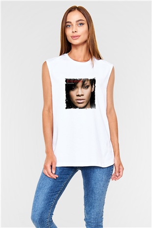 Rihanna Baskılı Unisex Beyaz Kolsuz Tişört