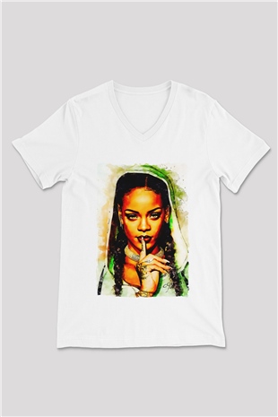 Rihanna Beyaz Unisex V Yaka Tişört