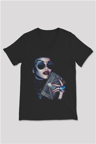 Rihanna Siyah Unisex V Yaka Tişört T-Shirt
