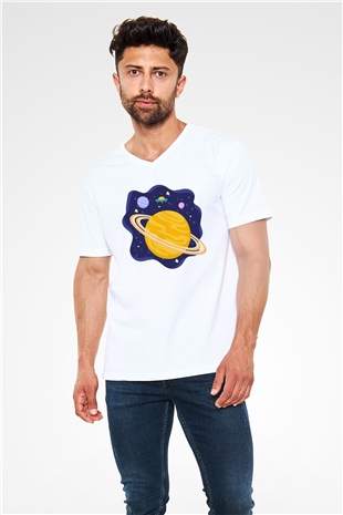 Satürn Beyaz Unisex V Yaka Tişört T-Shirt