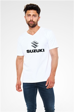 Suzuki Beyaz Unisex V Yaka Tişört T-Shirt