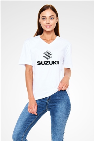 Suzuki Beyaz Unisex V Yaka Tişört T-Shirt
