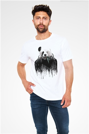 Ressam Panda Baskılı Unisex Beyaz Tişört