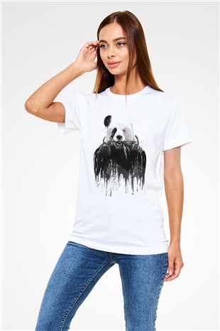 Ressam Panda Baskılı Unisex Beyaz Tişört