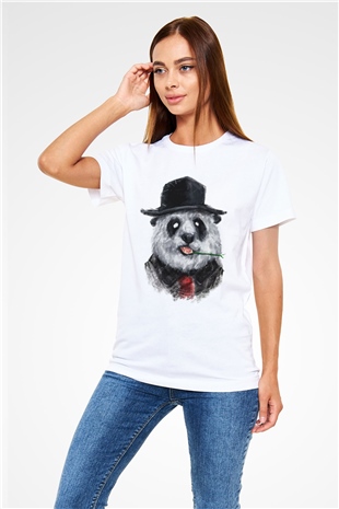 Şapkalı Panda Baskılı Unisex Beyaz Tişört
