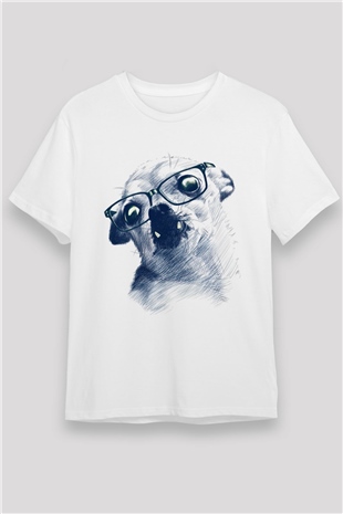 Gözlüklü Dişlek Köpek Baskılı Unisex Beyaz Tişört