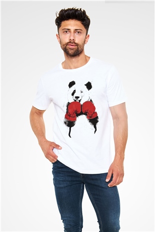 Boksör Panda Baskılı Unisex Beyaz Tişört