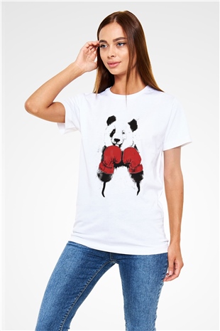 Boksör Panda Baskılı Unisex Beyaz Tişört