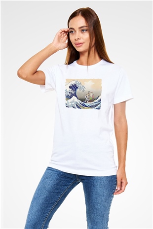 Dalgalar ve Gemi Baskılı Unisex Beyaz Tişört