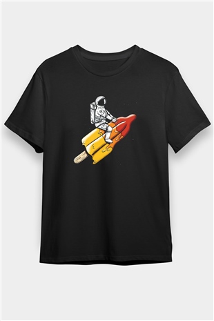 Dondurma ile Uzaya Yolculuk Baskılı Unisex Siyah Tişört