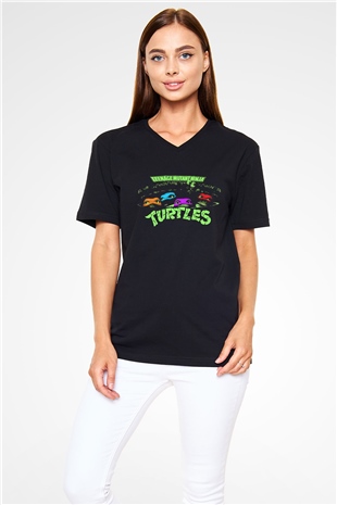 Teenage Mutant Ninja Turtles Ninja Kaplumbağalar Siyah Unisex  V Yaka Tişört