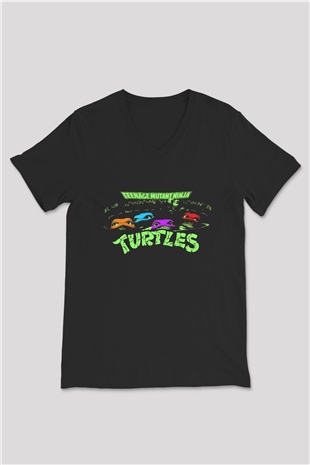 Teenage Mutant Ninja Turtles Ninja Kaplumbağalar Siyah Unisex  V Yaka Tişört