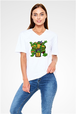 Teenage Mutant Ninja Turtles Ninja Kaplumbağalar Beyaz Unisex  V Yaka Tişört