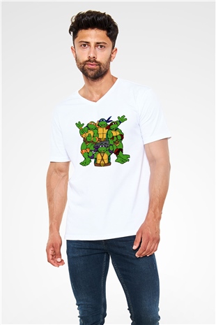 Teenage Mutant Ninja Turtles Ninja Kaplumbağalar Beyaz Unisex  V Yaka Tişört