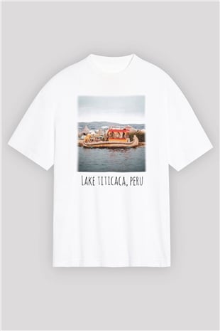 Titikaka Gölü Beyaz Unisex Oversize Tişört T-Shirt