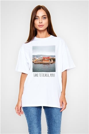 Titikaka Gölü Beyaz Unisex Oversize Tişört T-Shirt