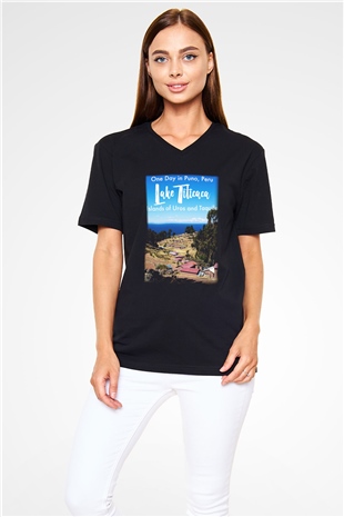 Titikaka Gölü Siyah Unisex V Yaka Tişört T-Shirt