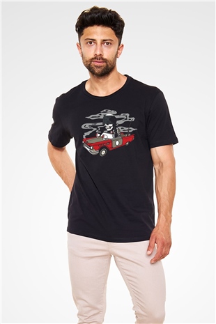 Vintage İskelet Sürücü Baskılı Unisex Siyah Tişört