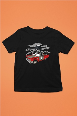 Vintage İskelet Sürücü Baskılı Unisex Siyah Çocuk Tişört