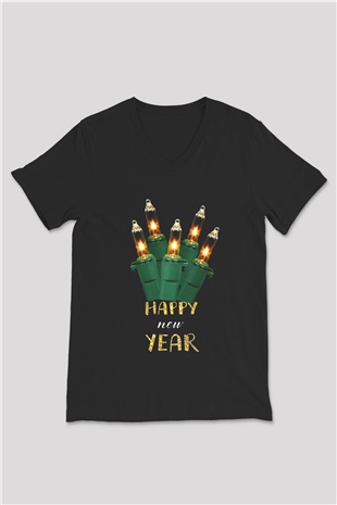 Yılbaşı Siyah Unisex V Yaka Tişört T-Shirt